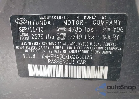 2013 Hyundai Azera из США, поврежденный, VIN KMHFH4JGXDA323375